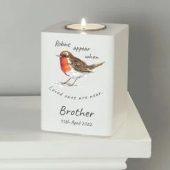Personalised Robins Appear White Wooden Tea Light Holder