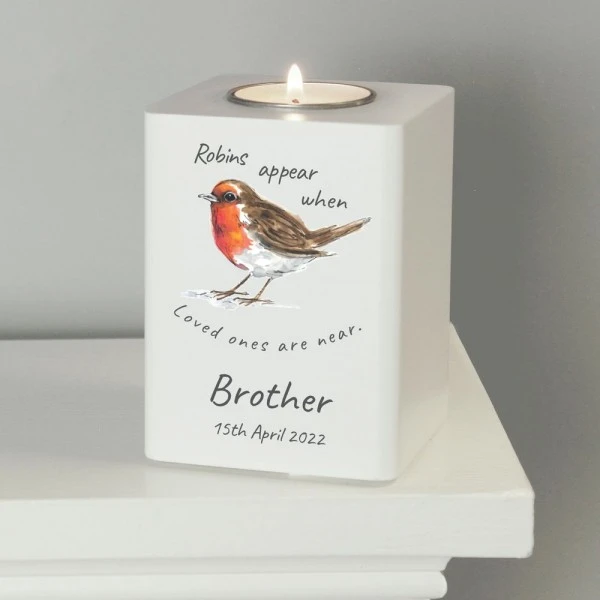 Personalised Robins Appear White Wooden Tea Light Holder 3 Personalised Robins Appear White Wooden Tea Light Holder