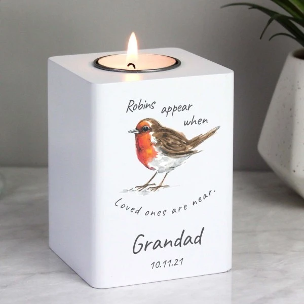 Personalised Robins Appear White Wooden Tea Light Holder 6 Personalised Robins Appear White Wooden Tea Light Holder - Image 4