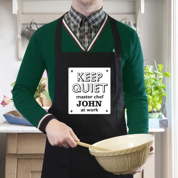Personalised Keep Quiet Black Apron 3 Personalised Keep Quiet Black Apron