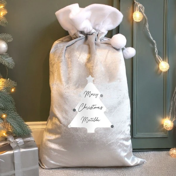Personalised Christmas Tree Luxury Silver Grey Pom Pom Sack 3 Personalised Christmas Tree Luxury Silver Grey Pom Pom Sack