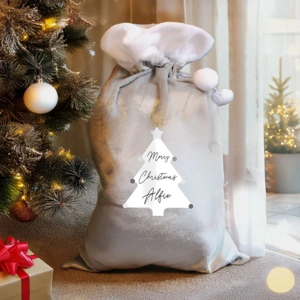 Personalised Christmas Tree Luxury Silver Grey Pom Pom Sack 4 Personalised Christmas Tree Luxury Silver Grey Pom Pom Sack - Image 2