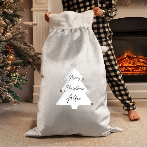 Personalised Christmas Tree Luxury Silver Grey Pom Pom Sack 5 Personalised Christmas Tree Luxury Silver Grey Pom Pom Sack - Image 3