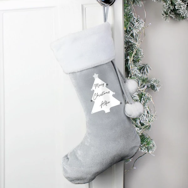 Personalised Christmas Tree Luxury Silver Grey Stocking 4 Personalised Christmas Tree Luxury Silver Grey Stocking - Image 2