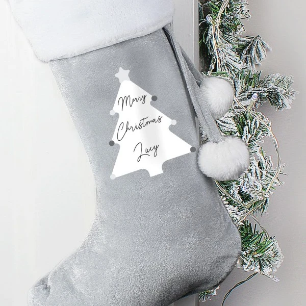 Personalised Christmas Tree Luxury Silver Grey Stocking 5 Personalised Christmas Tree Luxury Silver Grey Stocking - Image 3