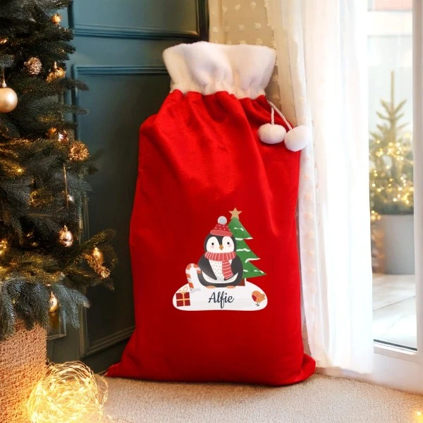Personalised Christmas Penguin Luxury Pom Pom Red Sack 3 Personalised Christmas Penguin Luxury Pom Pom Red Sack