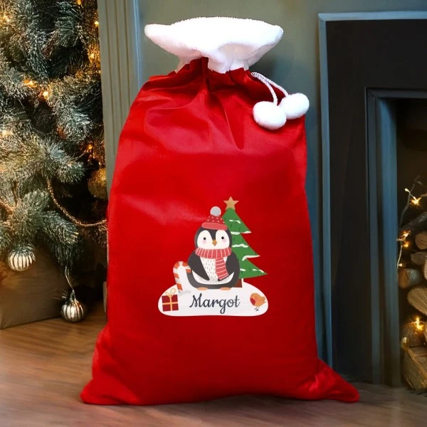 Personalised Christmas Penguin Luxury Pom Pom Red Sack 4 Personalised Christmas Penguin Luxury Pom Pom Red Sack - Image 2