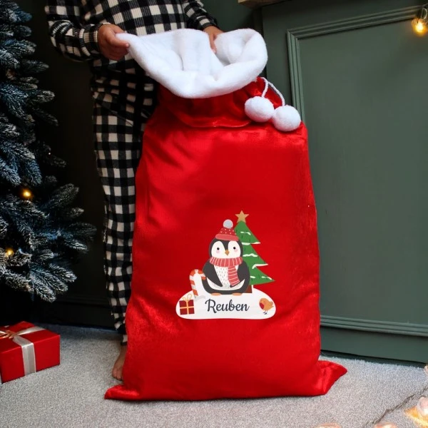 Personalised Christmas Penguin Luxury Pom Pom Red Sack 5 Personalised Christmas Penguin Luxury Pom Pom Red Sack - Image 3