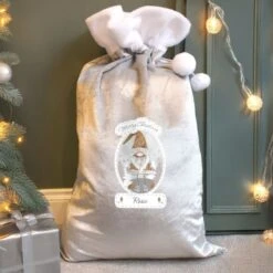 Personalised Christmas Gonk Luxury Silver Grey Pom Pom Sack