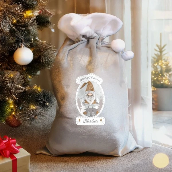 Personalised Christmas Gonk Luxury Silver Grey Pom Pom Sack 4 Personalised Christmas Gonk Luxury Silver Grey Pom Pom Sack - Image 2