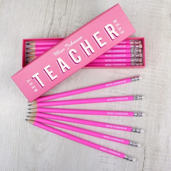 Personalised Best Teacher Ever Box And 12 Pink HB Pencils 3 Personalised Best Teacher Ever Box And 12 Pink HB Pencils