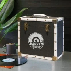 Personalised 12 Inch Record Storage Box - Black Cloth With White Leather Trim - Half Record Sticker