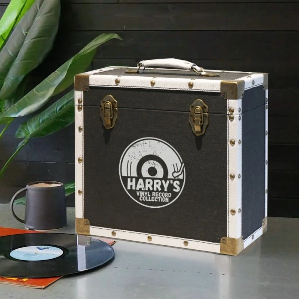 Personalised 12 Inch Record Storage Box - Black Cloth With White Leather Trim - Half Record Sticker 3 Personalised 12 Inch Record Storage Box - Black Cloth With White Leather Trim - Half Record Sticker