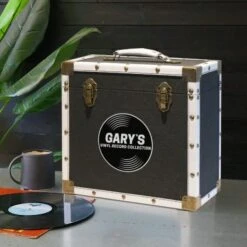 Personalised 12 Inch Record Storage Box - Black Cloth With White Leather Trim - Record Sticker