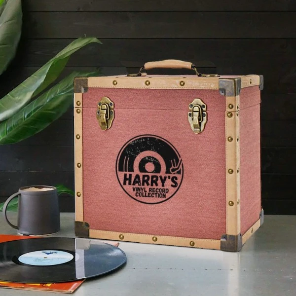 Personalised 12 Inch Record Storage Box - Burgundy Cloth With Cream Leather Trim - Half Record Sticker 3 Personalised 12 Inch Record Storage Box - Burgundy Cloth With Cream Leather Trim - Half Record Sticker