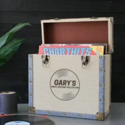 Personalised 12 Inch Record Storage Box - Cream Cloth With Grey Leather Trim - Record Laser Etched
