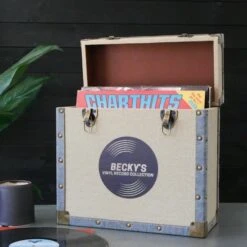 Personalised 12 Inch Record Storage Box - Cream Cloth With Grey Leather Trim - Record Sticker