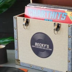 Personalised 12 Inch Record Storage Box - Cream Cloth With Grey Leather Trim - Record Sticker -Personalise Store personalised 12 inch record storage box cream record sticker 03