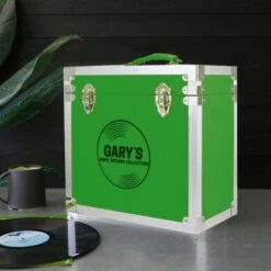 Personalised 12 Inch Record Storage Box - Green Leather Effect With Metal Trim - Record Laser Etched