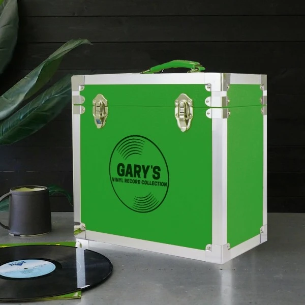 Personalised 12 Inch Record Storage Box - Green Leather Effect With Metal Trim - Record Laser Etched 3 Personalised 12 Inch Record Storage Box - Green Leather Effect With Metal Trim - Record Laser Etched