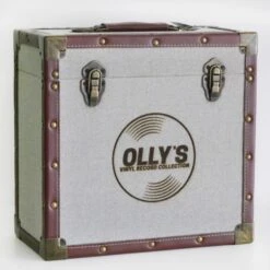 Personalised 12 Inch Record Storage Box - Grey Cloth With Brown Leather Trim - Record Laser Etched -Personalise Store personalised 12 inch record storage box grey record laser engraved 03