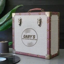 Personalised 12 Inch Record Storage Box - Grey Cloth With Brown Leather Trim - Record Laser Etched -Personalise Store personalised 12 inch record storage box grey record laser engraved 06