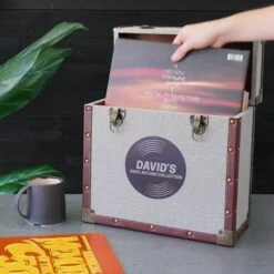 Personalised 12 Inch Record Storage Box - Grey Cloth With Brown Leather Trim - Record Sticker -Personalise Store personalised 12 inch record storage box grey record sticker 01
