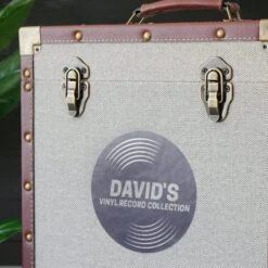 Personalised 12 Inch Record Storage Box - Grey Cloth With Brown Leather Trim - Record Sticker -Personalise Store personalised 12 inch record storage box grey record sticker 06