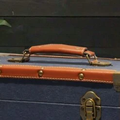 Personalised 12 Inch Record Storage Box - Navy Cloth With Brown Leather Trim - Record Laser Etched -Personalise Store personalised 12 inch record storage box navy cloth all 02