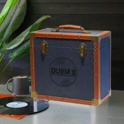 Personalised 12 Inch Record Storage Box - Navy Cloth With Brown Leather Trim - Record Laser Etched