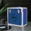 Personalised 12 Inch Record Storage Box - Navy Blue Leather Effect With Metal Trim - Record Laser Etched -Personalise Store personalised 12 inch record storage box navy record laser 01