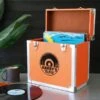 Personalised 12 Inch Record Storage Box - Orange Leather Effect With Metal Trim - Half Record Sticker -Personalise Store personalised 12 inch record storage box orange half record sticker 02