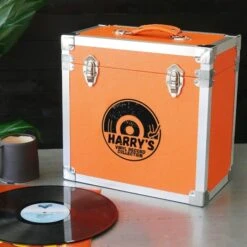 Personalised 12 Inch Record Storage Box - Orange Leather Effect With Metal Trim - Half Record Sticker -Personalise Store personalised 12 inch record storage box orange half record sticker 03