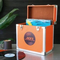 Personalised 12 Inch Record Storage Box - Orange Leather Effect With Metal Trim - Record Sticker