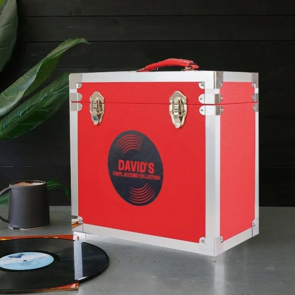 Personalised 12 Inch Record Storage Box - Red Leather Effect With Metal Trim - Record Sticker 3 Personalised 12 Inch Record Storage Box - Red Leather Effect With Metal Trim - Record Sticker