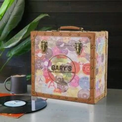 Personalised 12 Inch Record Storage Box - Retro Printed Cloth With Brown Leather Trim - Record Laser Etched