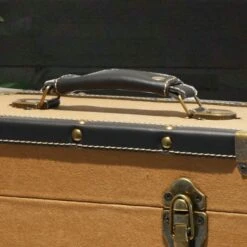 Personalised 12 Inch Record Storage Box - Tan Cloth With Black Leather Trim - Record Sticker 8 Personalised 12 Inch Record Storage Box - Tan Cloth With Black Leather Trim - Record Sticker -Personalise Store personalised 12 inch record storage box tan cloth all 02 1