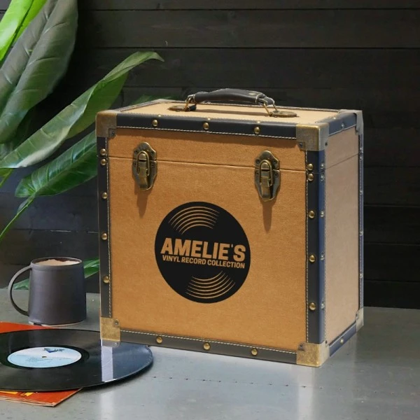 Personalised 12 Inch Record Storage Box - Tan Cloth With Black Leather Trim - Record Sticker 3 Personalised 12 Inch Record Storage Box - Tan Cloth With Black Leather Trim - Record Sticker