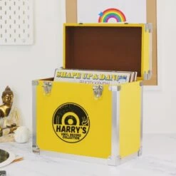 Personalised 12 Inch Record Storage Box - Yellow Leather Effect With Metal Trim - Half Record Sticker