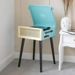 Personalised Retro Style Record Player On Legs - Blue - Record Sticker