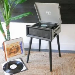 Personalised Retro Style Record Player On Legs - Grey - Record Sticker