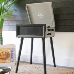 Personalised Retro Style Record Player On Legs - Grey - Record Sticker -Personalise Store personalised retro style record player on legs grey record sticker 02