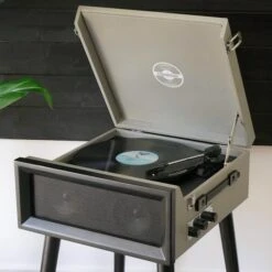 Personalised Retro Style Record Player On Legs - Grey - Record Sticker -Personalise Store personalised retro style record player on legs grey record sticker 03