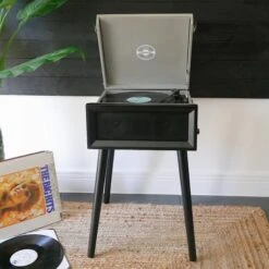 Personalised Retro Style Record Player On Legs - Grey - Record Sticker -Personalise Store personalised retro style record player on legs grey record sticker 04