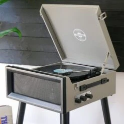 Personalised Retro Style Record Player On Legs - Grey - Record Sticker -Personalise Store personalised retro style record player on legs grey record sticker 06